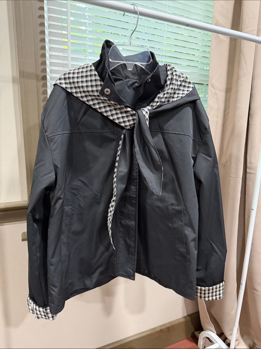 Amazon Black Bomber Jacket with Black-and-White Gingham Trim